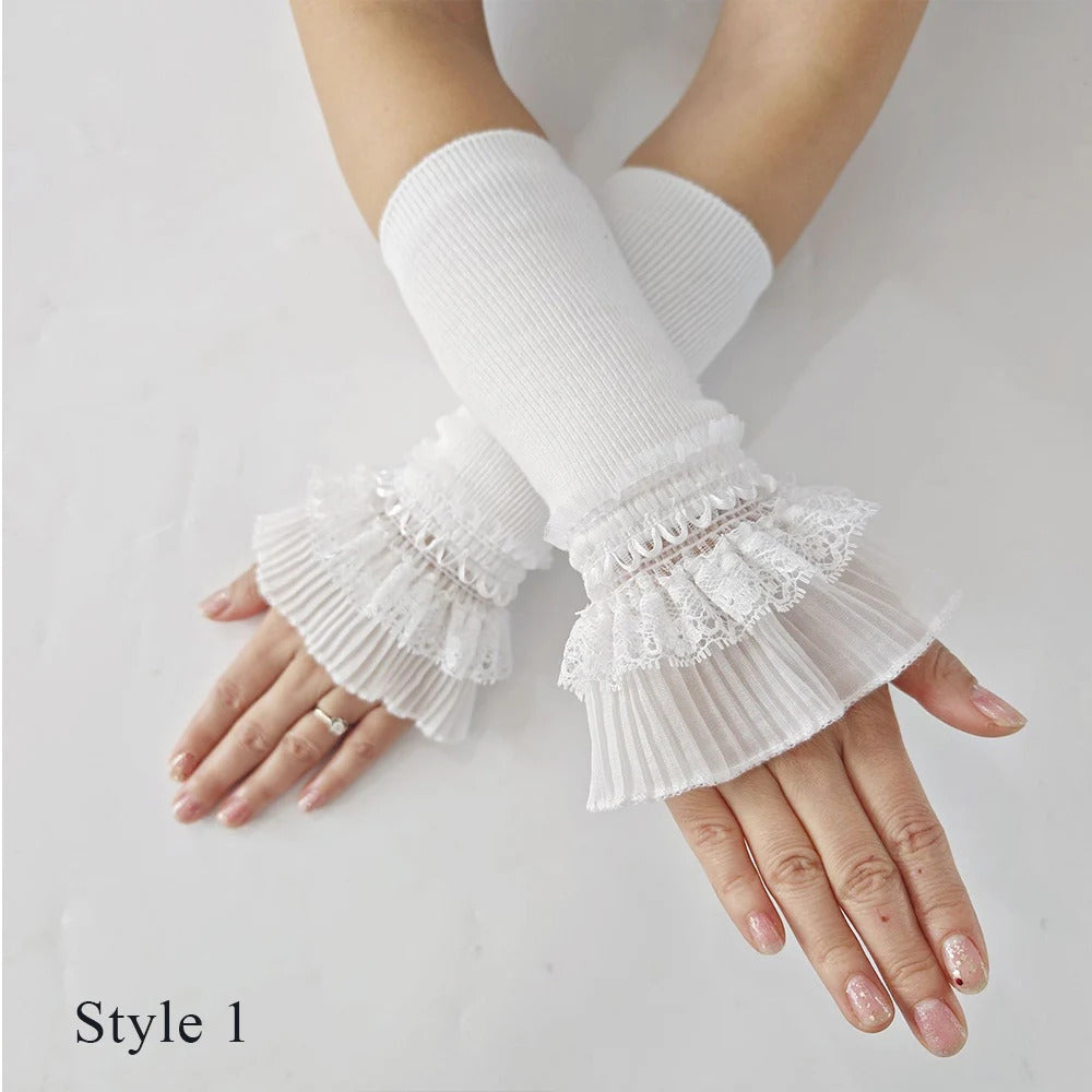 Women Lace Ruffles Cuff Elbow Sleeve Spring Autumn Detachable Fake Sleeve Arm Covers Solid Color Arm Cover Sweater Decorative