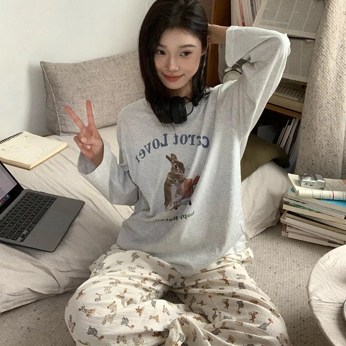 Spring and Autumn New Ladies Ins Style Pajamas Homewear Set Girls Students Korean Sweet Pajamas Loose Pajamas Homewear Set