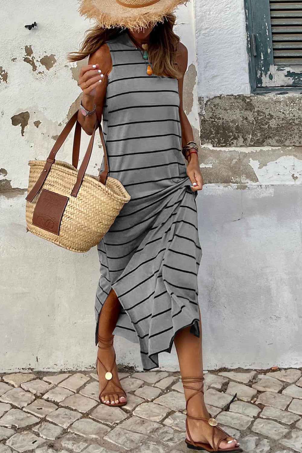 Women's Stripe Print Open Back Sleeveless Tank Maxi Dress with Slits