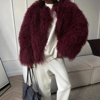 Burgundy Fluffy Faux Fur Warm Short Coat Lady Elegant Round Neck Long Sleeve Cardigan Jacket 2024 Women Winter Street Outerwear