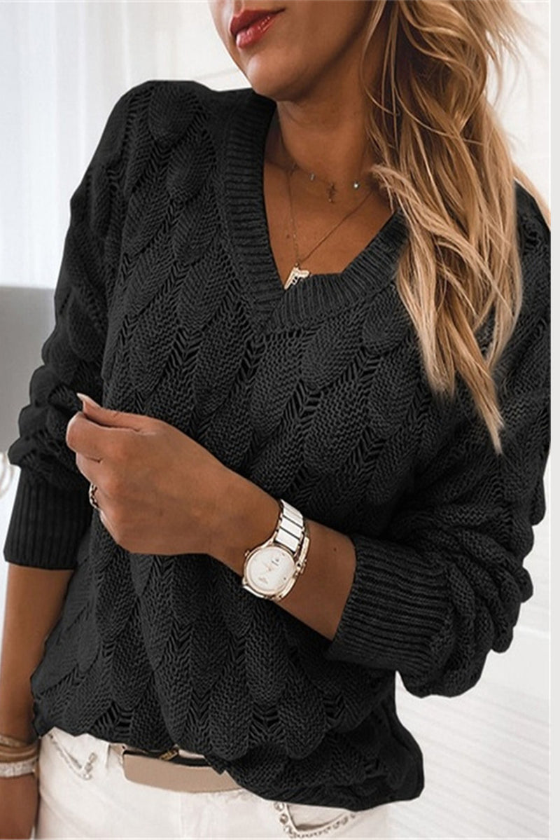 Black Feather Hollowed-out V-neck Long Sleeve Knitted Sweater