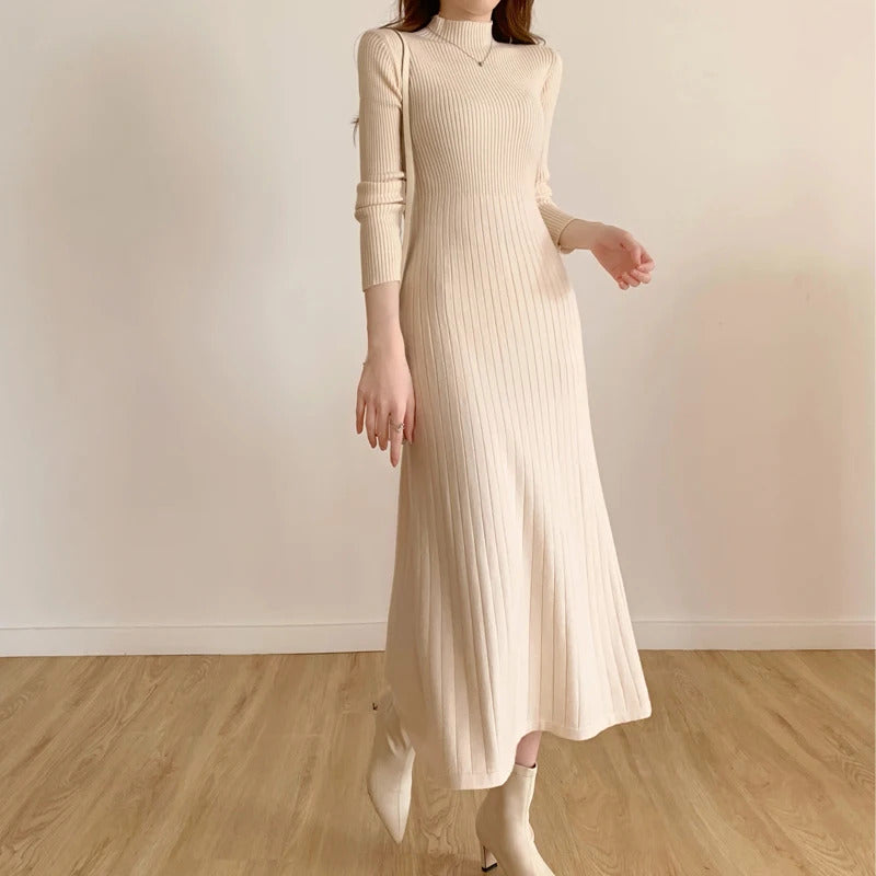 Autumn Winter 2023 Slim Long Sleeve Party Midi Dress for Women Knitted Half High Collar Elegant Knitted Sweater Dresses Ladies