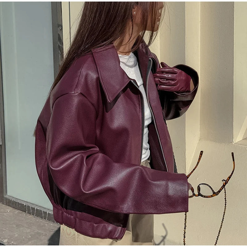 Elegant Burgundy Faux Leather Jackets Women Fashion Lapel Zipper Long Sleeve Female Coats 2024 Autumn Winter Lady Street Outwear