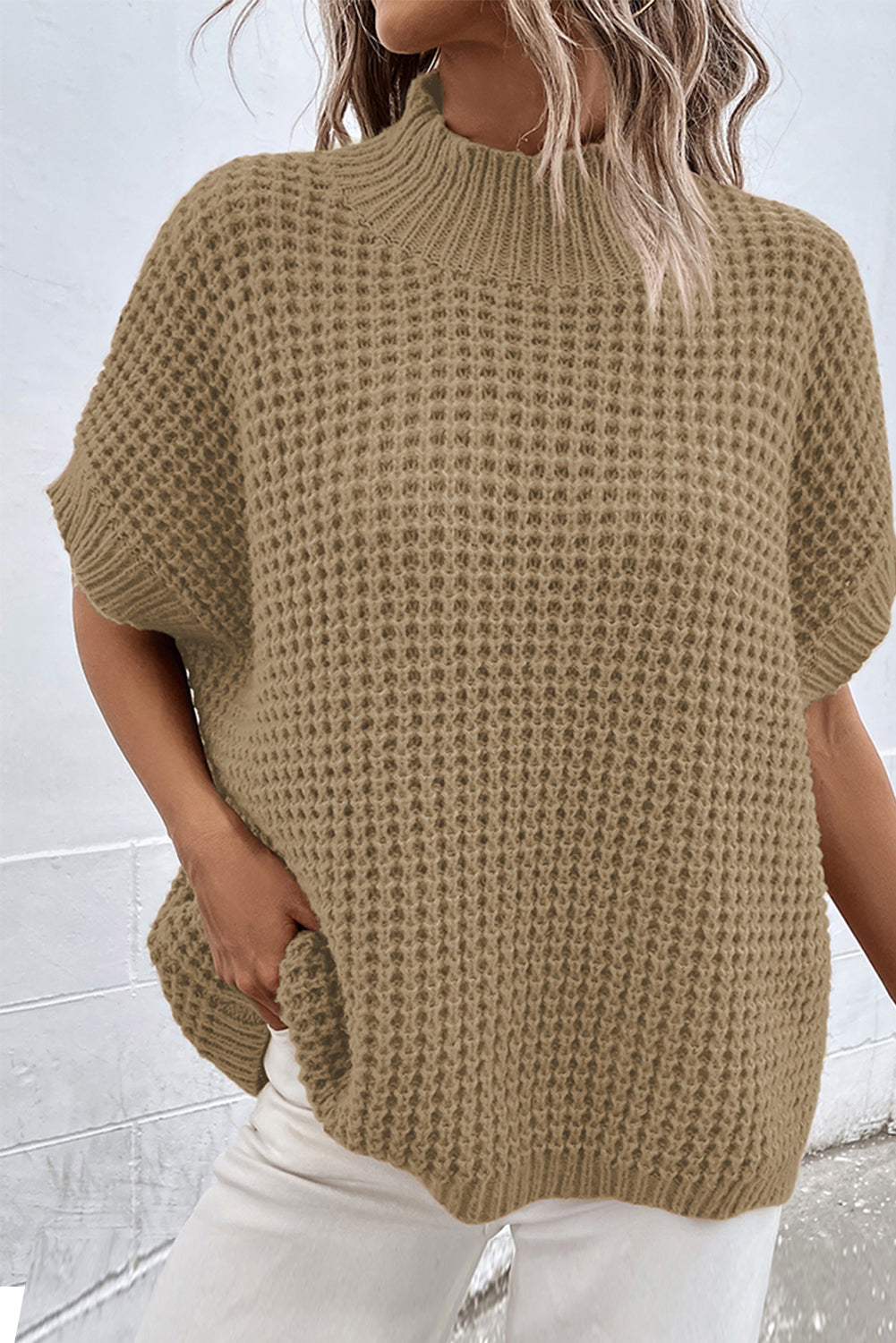 Light French Beige High Neck Short Batwing Sleeve Textured Knit Sweater