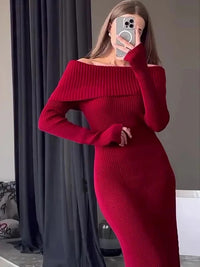 Tossy Fashion Knit Long Dress Off-Shoulder Female Ribbed Loose High Waist Elegant Autumn Party Dress Ladies Knitwear Maxi Dress