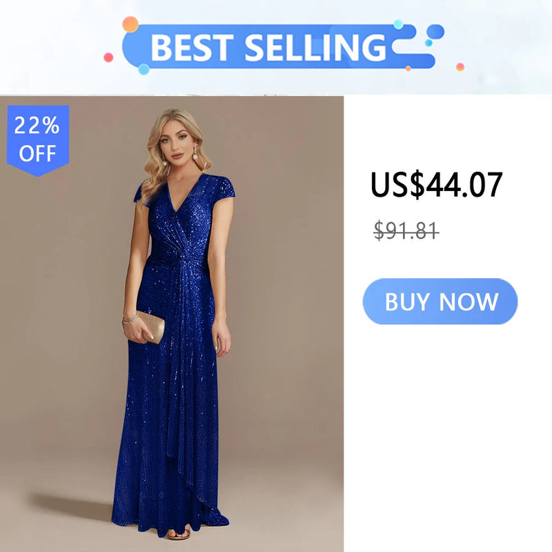 Lucyinlove Luxury Floor Length V-Neck Evening Dress 2024 Women Elegant Party Maxi Dress Sequin Short Sleeves Prom Cocktail Dress