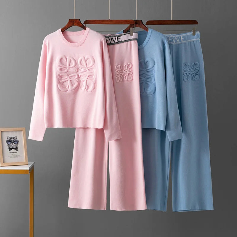 Letter Print Indentation Round Neck Long Sleeved Knitted Sweater Pullover Casual Wide Leg Pants Two-piece Set Women's Pants Set