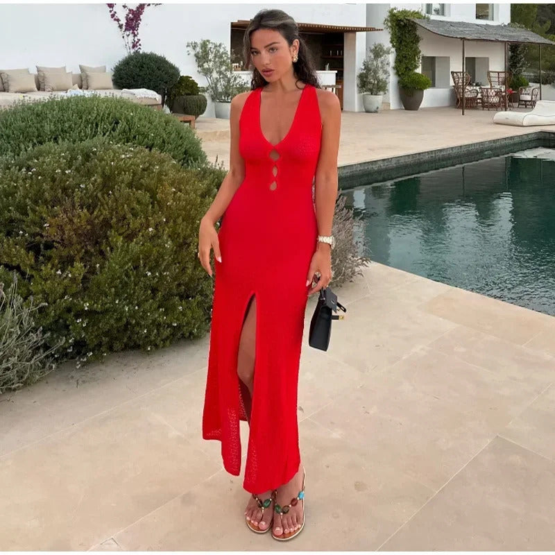 Summer Knitted Hollow Out Long Dress Women Sleeveless Deep V-neck Split Solid Slim Dresses Fashion 2024 Lady Beach Vacation Robe