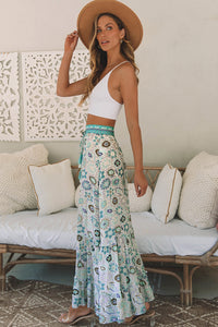 Sky Blue Boho Floral Print Maxi Skirt