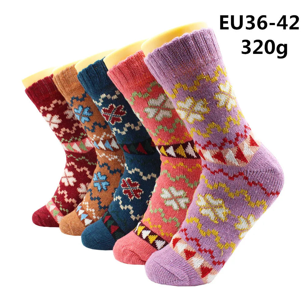 5 Pairs Winter Warmer Women Thicken Thermal Wool Cashmere Snow Socks Fashion Casual Euramerican National Wool Socks for Women