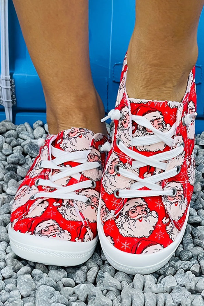 Fiery Red Santa Claus Printed Stitching Detail Flat Shoes