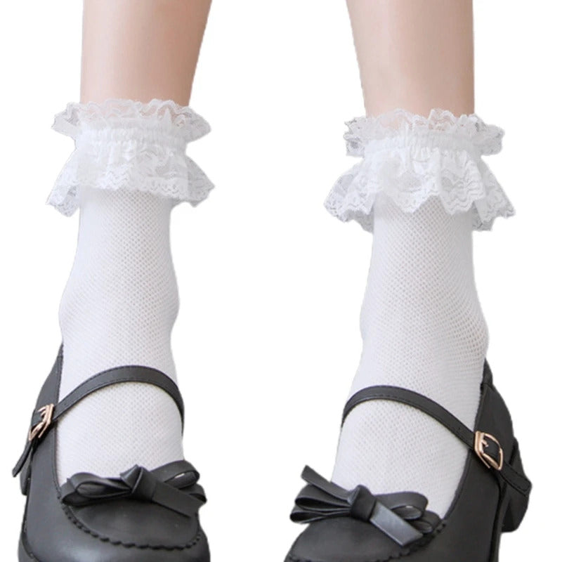 Women Lolita Fishnet Thigh High Socks Japanese Style Heart Striped Lace Patterned Over Knee Long Stockings Ruffled Frilly Kawaii