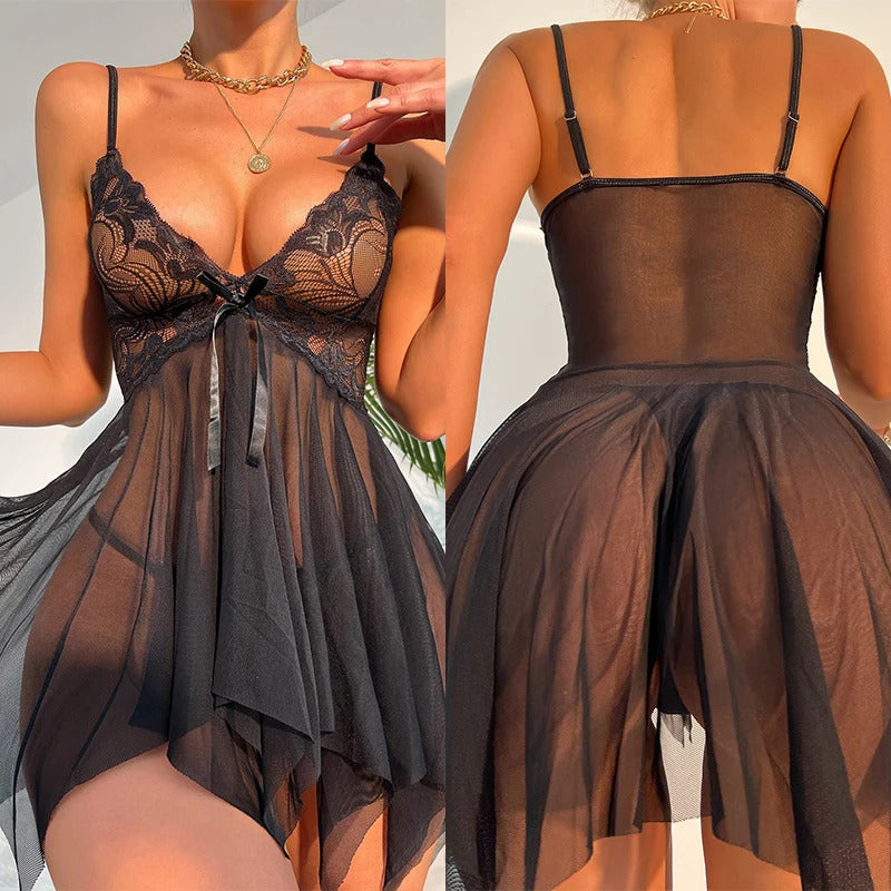 Summer Women's Sexy Lingerie Nightgowns Sleepwear Lace Transparent Night Dress Babydolls Short Pajama Thong Set