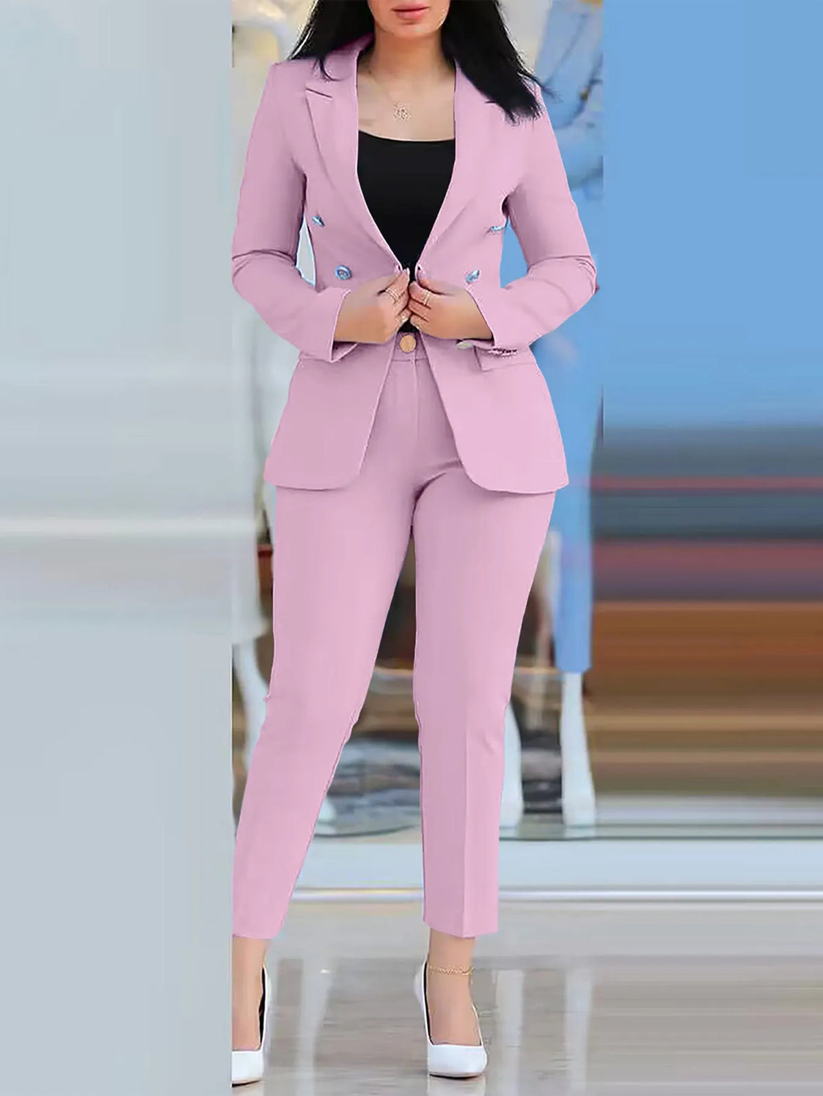 New 2025 Formal Office Pant Sets Women 2PCS Double Breasted Solid Blazers Jacket and Pants Two Pieces Set Female Pant Suits Sets