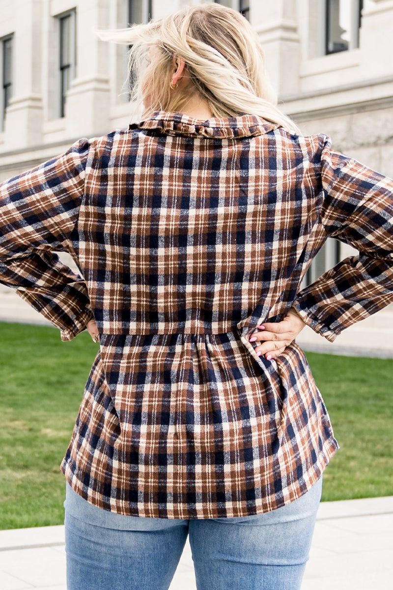 Yellow Yellow Plaid Print Button-up Turn Down Collar Plus Size Coat