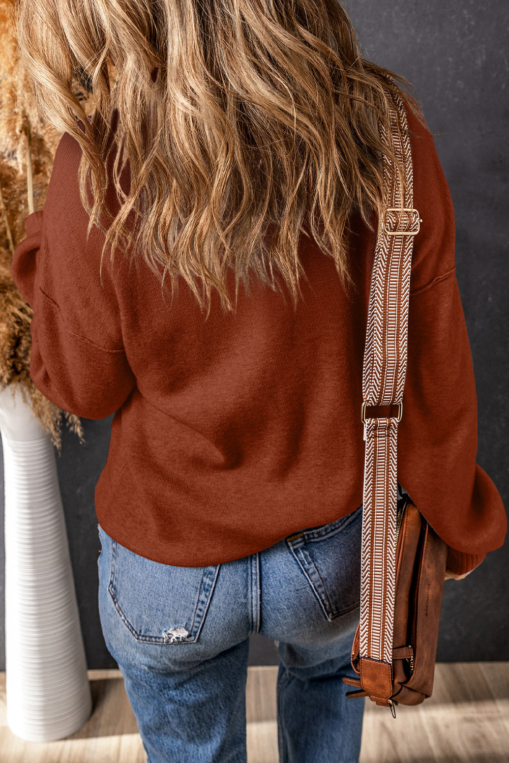 Brown Turtleneck Drop Shoulder Bubble Sleeve Knit Sweater