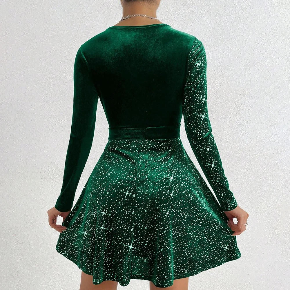 Women's Sexy V-Neck Sequin Glitter Belt Mini Dress Party Dresses Fashion Hot Sale Solid Elegant  Velvet Long Sleeve Dresses