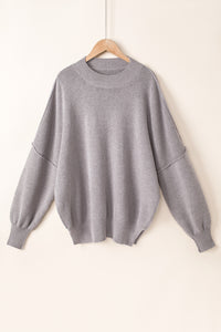 Gray Oversized Drop Shoulder Bubble Sleeve Pullover Sweater