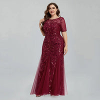 Women Plus Size Sequin Mesh Embroidery Mermaid  Evening Dress Formal Short Sleeve Elegant Party Prom Gowns 2020 New Long Dress