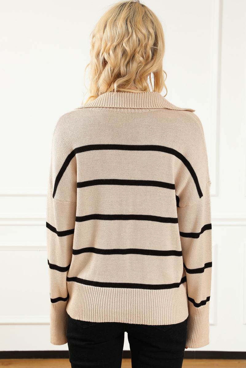 Khaki Striped Knit Collared Pullover Sweater