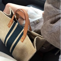 Simple Canvas Stripe Decor Bucket Handbags Women Top Handle Tote Bag Large Capacity Casual Shoulder Crossbody Bags