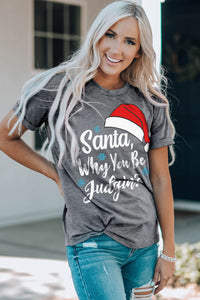 Gray Christmas Santa Hat Snowflake Slogan Graphic Tee