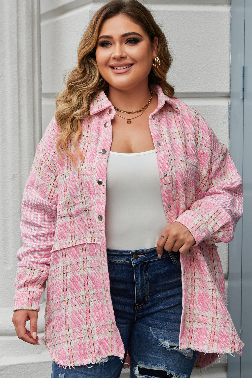 Pink Plus Size Tweed Plaid Houndstooth Print Jacket