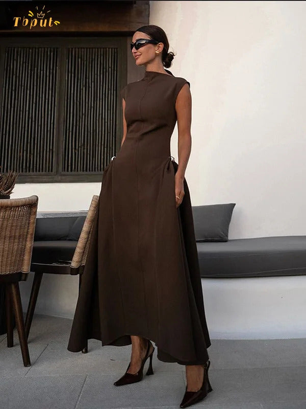 Sleeveless Fashion Solid Color Women's A-line Dress Elegant High Waisted Round Neck Long Robes Female New Evening Party Vestidos