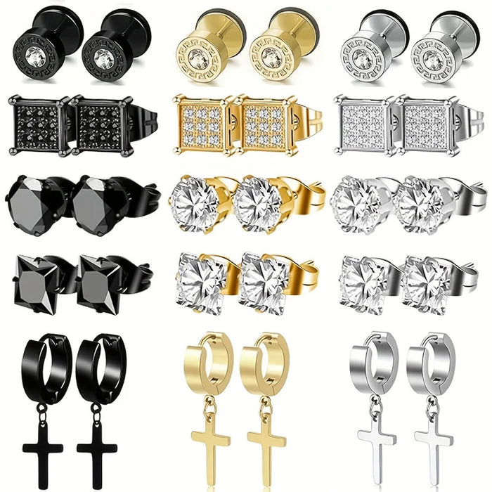 15 Pairs Stainless Steel Earrings Cross Dangle Hinged Earrings, Cubic Zirconia Stud Earrings For Men, Ear Piercing Jewelry