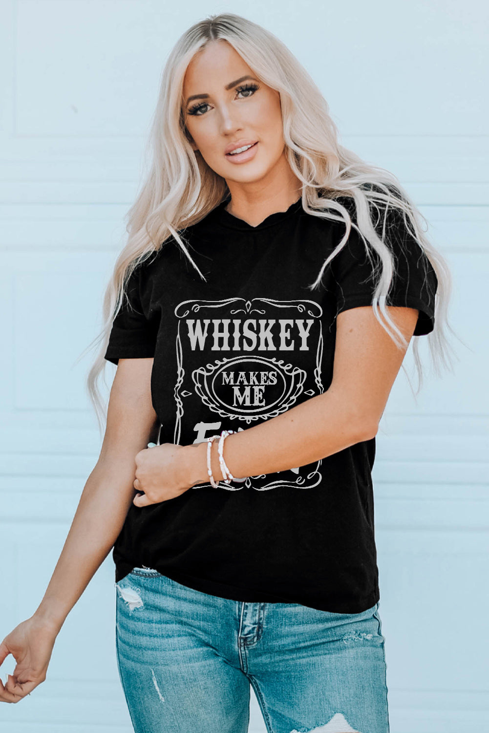 Black WHISKEY Makes Me Frisky Print Graphic Tee