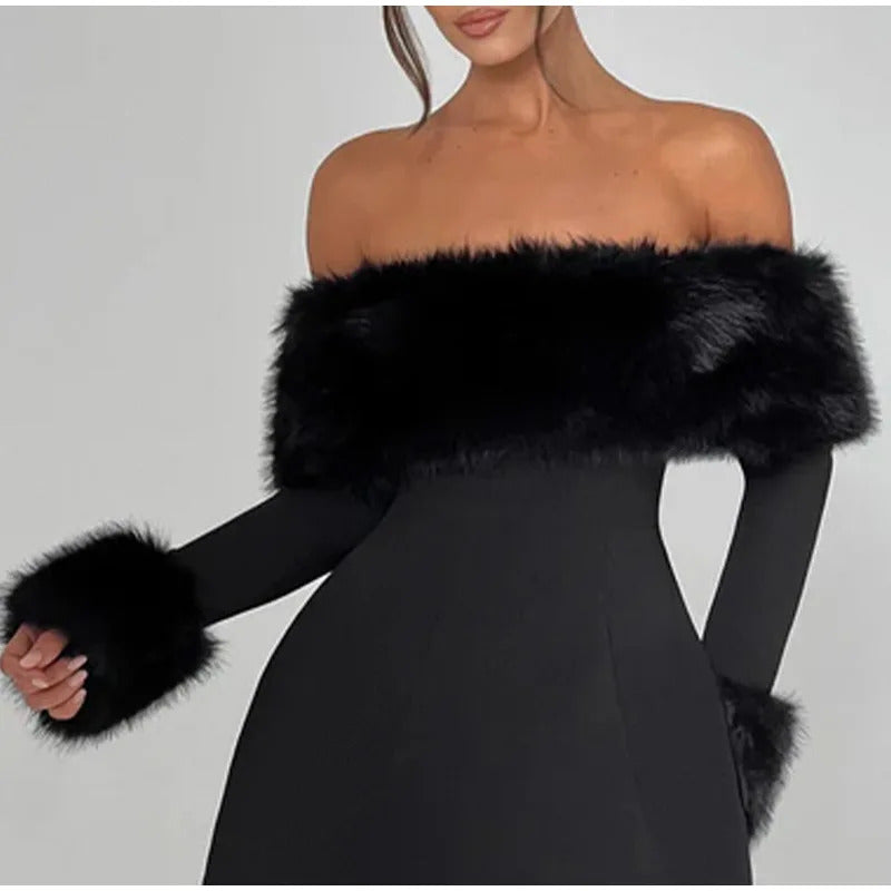 2024 Winter Black Strapless Fluff Sexy Dress For Women's Robes Elegant Evening Party Dress Bodycon Mini Autumn Dresses Vestidos