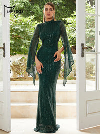 Missord Elegant Apricot Sequin Muslim Party Dress Women Split Sleeve High Neck Bodycon Dubai Evening Dresses Prom Gown