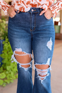 Blue High Waist Distressed Cutout Flare Leg Jeans