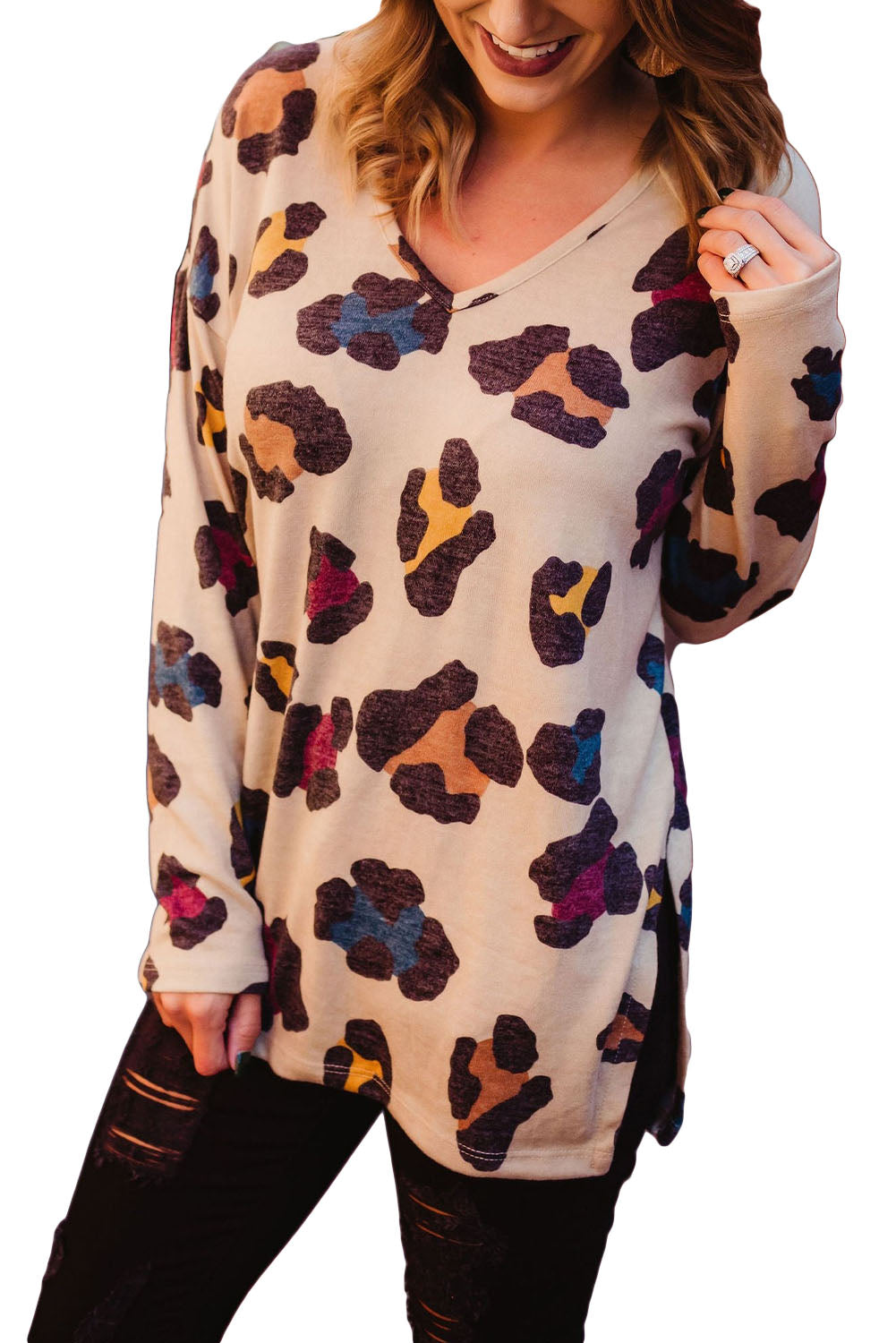 Apricot Colorful Leopard Print V Neck Long Sleeve Top with Slits