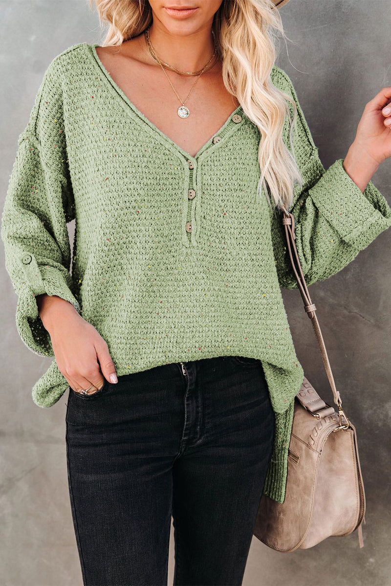 Green Buttoned Drop Shoulder Knitted Sweater