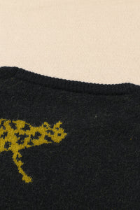 Black Cheetah Pattern Knit Round Neck Sweater