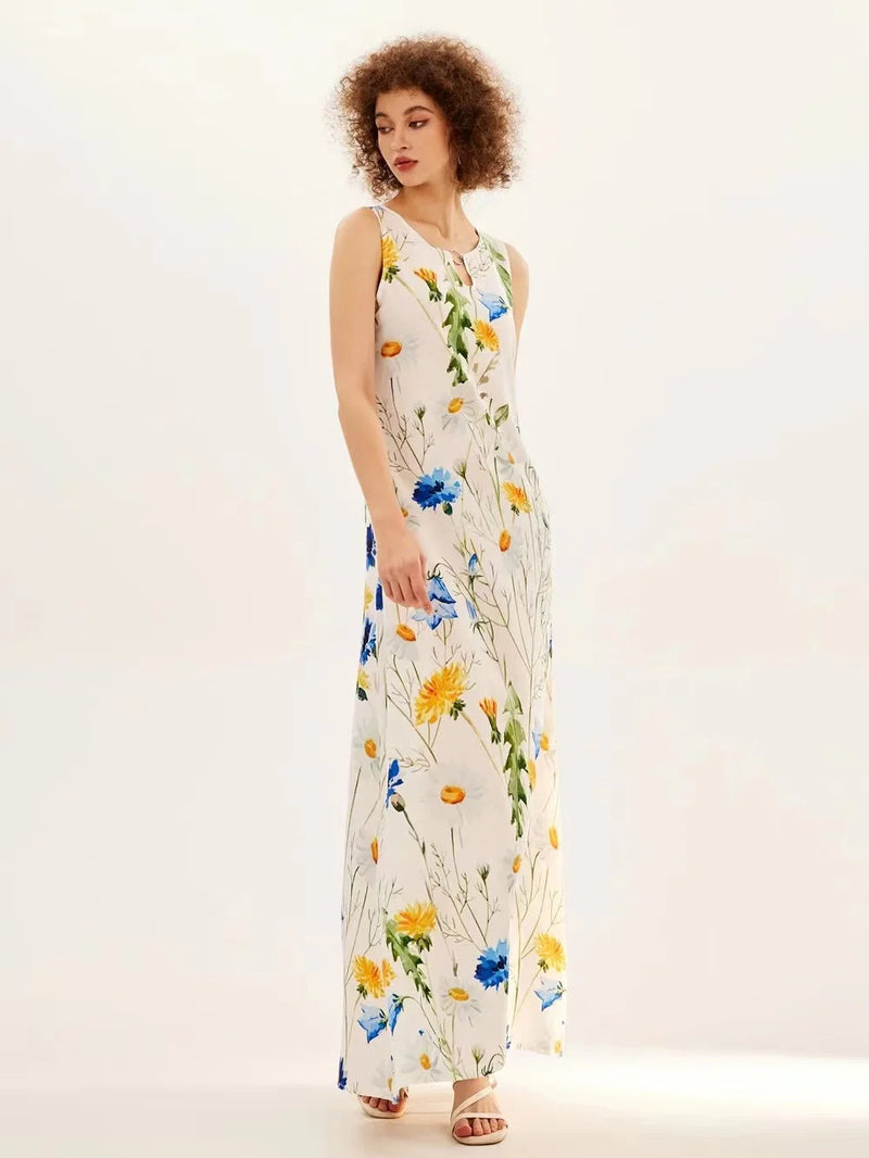 Flower Print New Casual Sleeveless Long Dress Women's V-Neck Printed Dress Swing Bohemian Retro Dresses