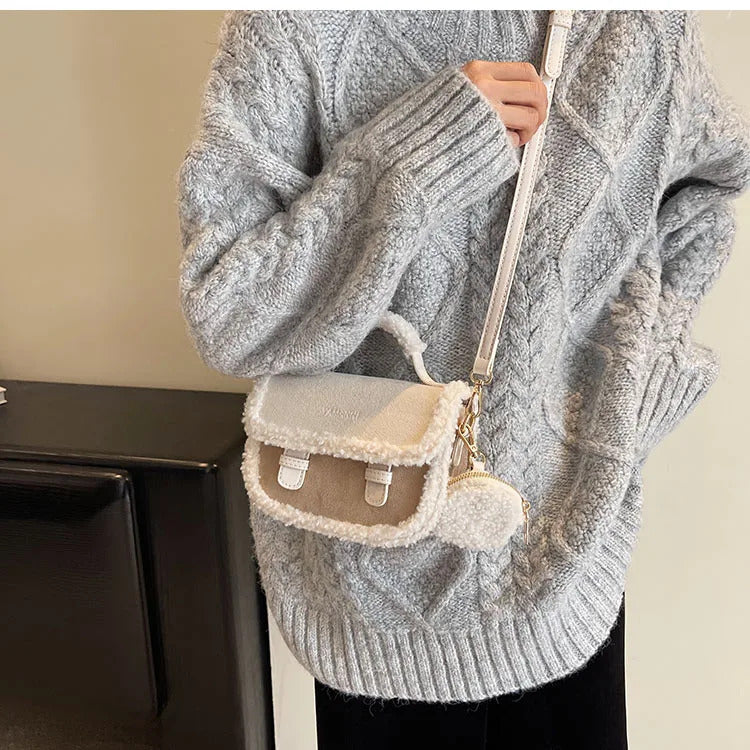 2023 Winter New Women's Plush Small Square Bag Color Contrast Design Single Shoulder Crossbody Bag Brown Handbag