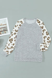 Blank Apparel - Gray Round Neck Leopard Long Sleeve Top