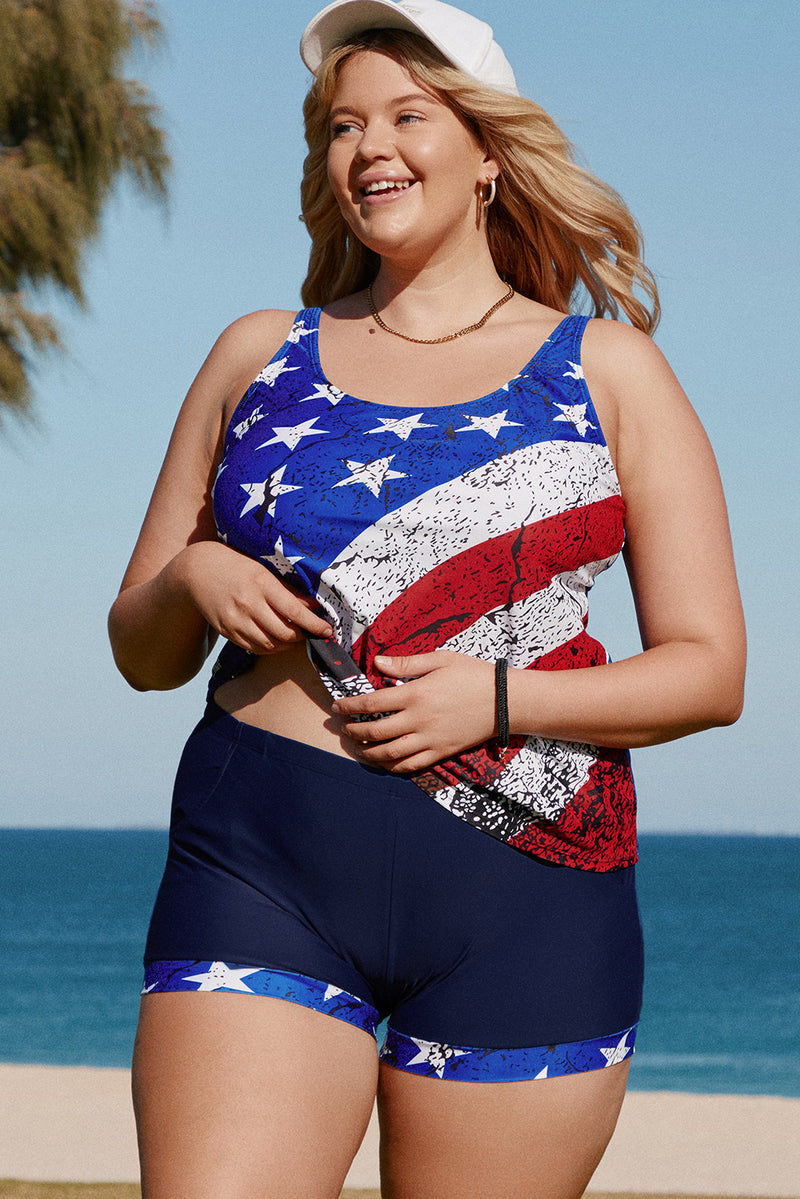 Blue Multicolor Multicolor American Flag Print Tankini Plus Size Swimwear