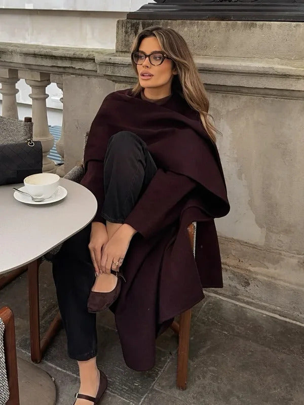 Elegant Burgundy Red Scarf Collar Woolen Overcoat Women 2024 Fashion Lace Up Long Sleeved Jacket Female Oversized Outerwear