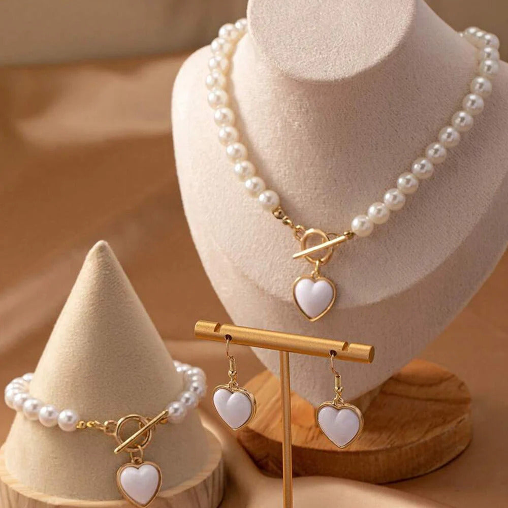 3 PCS Set Pearl Effected Rose Charm Imitation Pearl Necklace Bracelet Earring Stud Set Heart Pendant Necklace Jewelry Set Gift