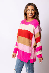 Fiery Red Mix Horizon Stripes Dolman Sleeve Sweater