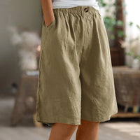 Women's Fashion Solid Color Pants Pocket Button Up Capris Loose Elastic Waist Cotton Linen Shorts