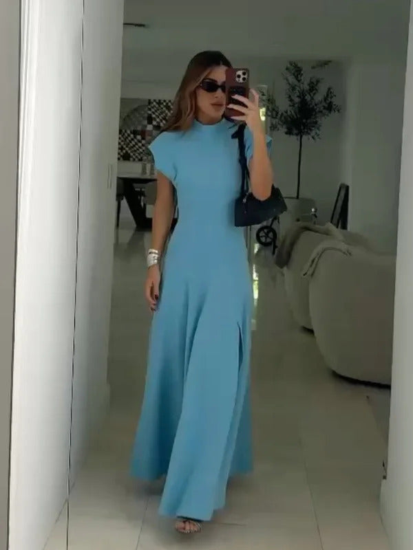 Chic Shoulder Pad Round Neck Solid Maxi Dress Women Elegant Sleeveless A-line Long Dresses 2024 Lady Fashion High Street Robes