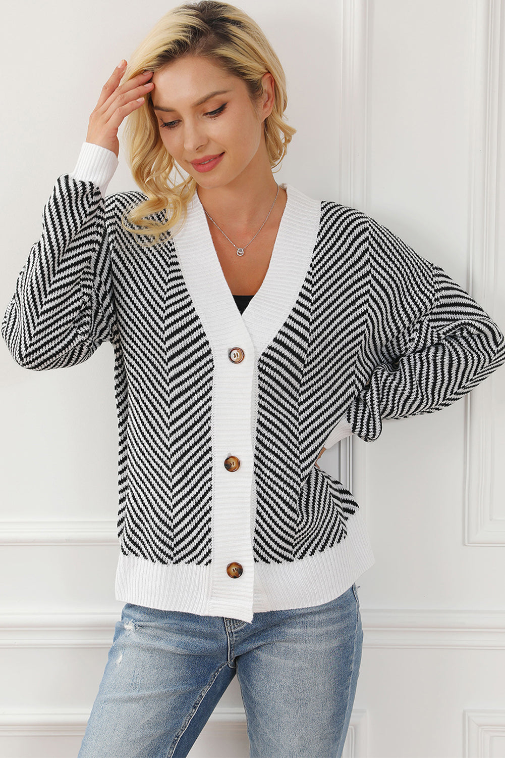 Black Zig Zag Stripe Buttoned Sweater Cardigan