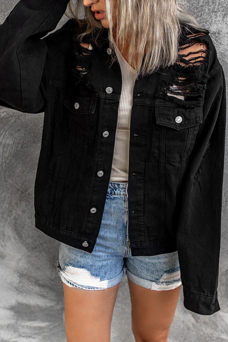 Blue Distressed Buttons Chest Pockets Denim Jacket