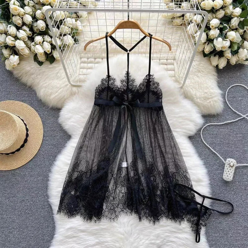 Deep V-neck Slim Fit High Waist Strap Dress Lace Patchwork Satin Sleepwear Sexy Elegant Retro Sleepdress Sleepwear Women Pajama