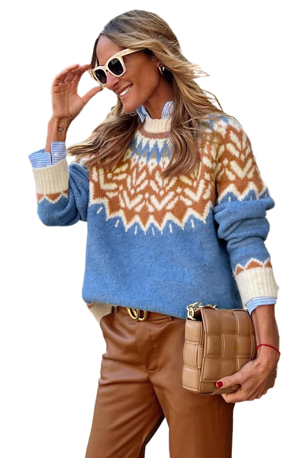 Blue Geometric Print Ribbed Trim Sweater