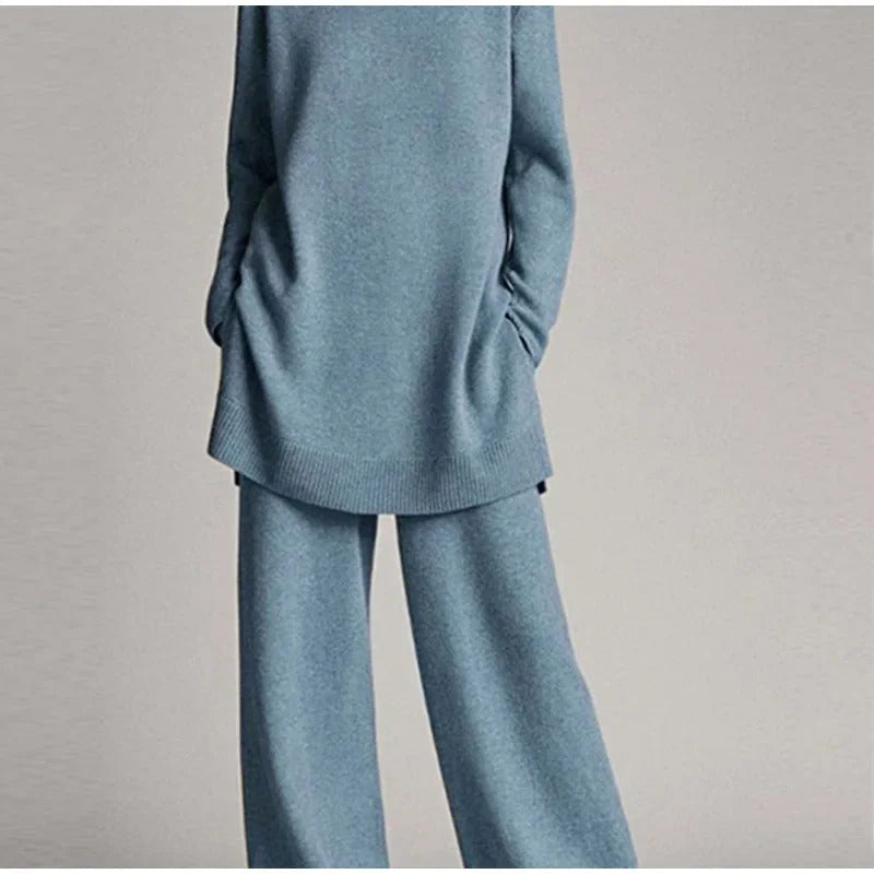 Loose Knitted Pullover Pants Set Women Casual Turtleneck Sweater Wide Legs Long Trousers 2025 Spring New Lady Solid Suits